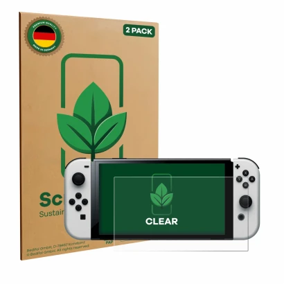 Parte frontale di una confezione del prodotto con il logo del marchio ScreenLeaf. Accanto è raffigurato il dispositivo Nintend