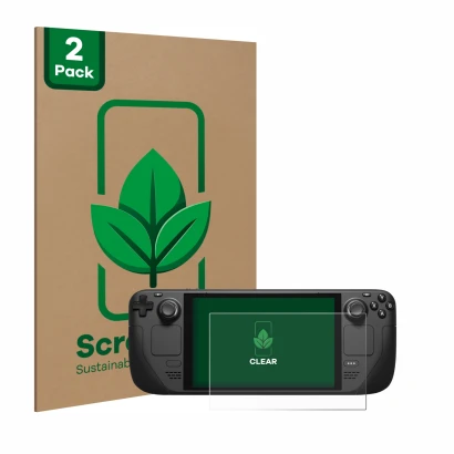 Parte frontale di una confezione del prodotto con il logo del marchio ScreenLeaf. Accanto è raffigurato il dispositivo Valve S