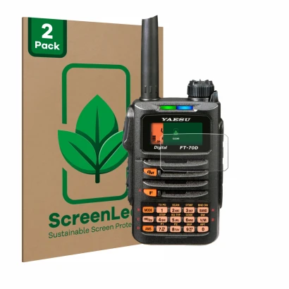Parte frontale di una confezione del prodotto con il logo del marchio ScreenLeaf. Accanto è raffigurato il dispositivo Yaesu F
