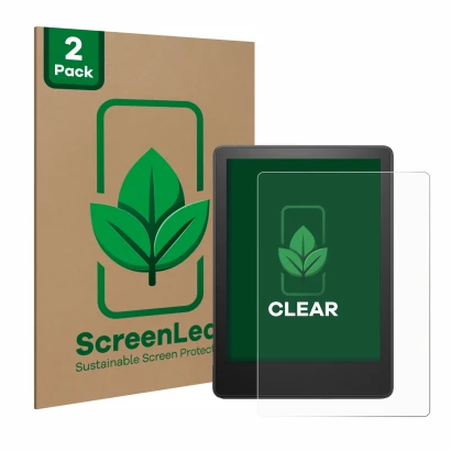 Parte frontale di una confezione del prodotto con il logo del marchio ScreenLeaf. Accanto è raffigurato il dispositivo Amazon 