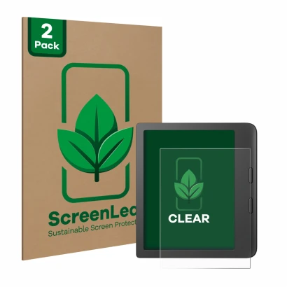 Parte frontale di una confezione del prodotto con il logo del marchio ScreenLeaf. Accanto è raffigurato il dispositivo Tolino 
