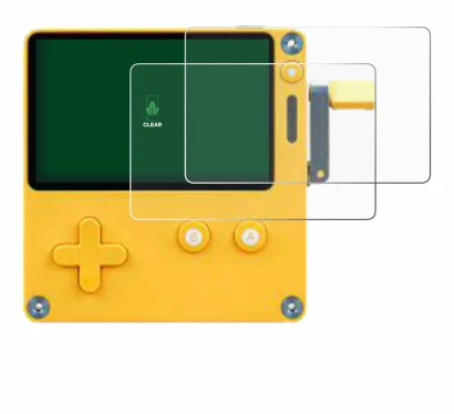 Immagine del dispositivo Panic Playdate con un'ampia varietà di protezioni per lo schermo.