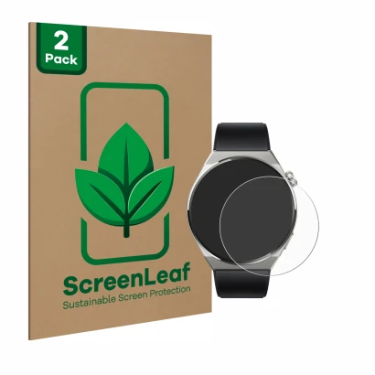 Parte frontale di una confezione del prodotto con il logo del marchio ScreenLeaf. Accanto è raffigurato il dispositivo Huawei 