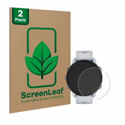 Parte frontale di una confezione del prodotto con il logo del marchio ScreenLeaf. Accanto è raffigurato il dispositivo Garmin 