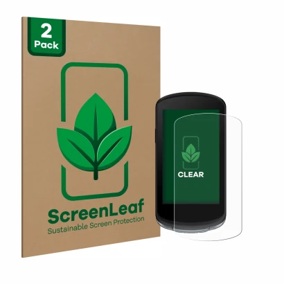 Parte frontale di una confezione del prodotto con il logo del marchio ScreenLeaf. Accanto è raffigurato il dispositivo Garmin 