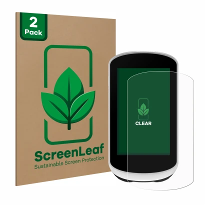 Parte frontale di una confezione del prodotto con il logo del marchio ScreenLeaf. Accanto è raffigurato il dispositivo Garmin 