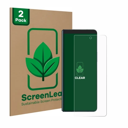 Parte frontale di una confezione del prodotto con il logo del marchio ScreenLeaf. Accanto è raffigurato il dispositivo Samsung