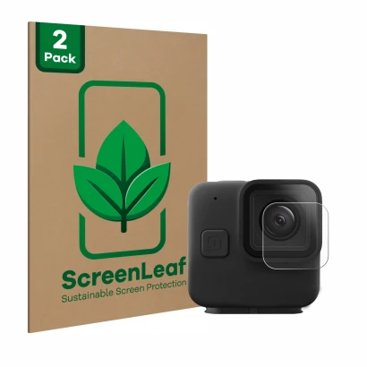 Parte frontale di una confezione del prodotto con il logo del marchio ScreenLeaf. Accanto è raffigurato il dispositivo GoPro H