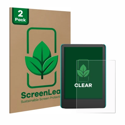 Parte frontale di una confezione del prodotto con il logo del marchio ScreenLeaf. Accanto è raffigurato il dispositivo Amazon 