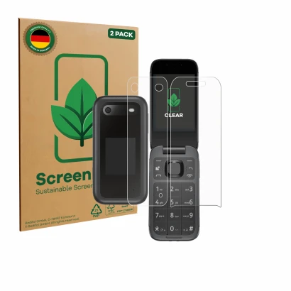 Parte frontale di una confezione del prodotto con il logo del marchio ScreenLeaf. Accanto è raffigurato il dispositivo Nokia 2