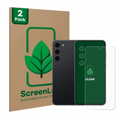 Parte frontale di una confezione del prodotto con il logo del marchio ScreenLeaf. Accanto è raffigurato il dispositivo Samsung