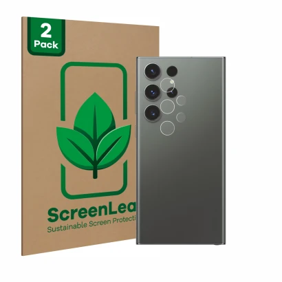 Parte frontale di una confezione del prodotto con il logo del marchio ScreenLeaf. Accanto è raffigurato il dispositivo Samsung
