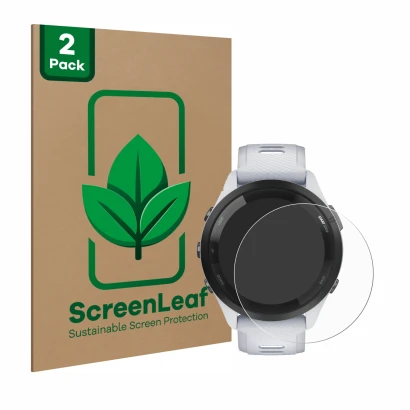 Parte frontale di una confezione del prodotto con il logo del marchio ScreenLeaf. Accanto è raffigurato il dispositivo Garmin 