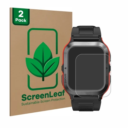 Parte frontale di una confezione del prodotto con il logo del marchio ScreenLeaf. Accanto è raffigurato il dispositivo Kospet 