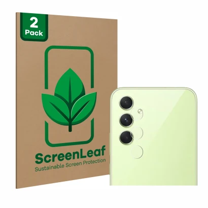 Parte frontale di una confezione del prodotto con il logo del marchio ScreenLeaf. Accanto è raffigurato il dispositivo Samsung