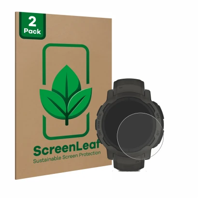 Parte frontale di una confezione del prodotto con il logo del marchio ScreenLeaf. Accanto è raffigurato il dispositivo Garmin 