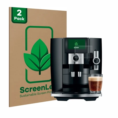 Parte frontale di una confezione del prodotto con il logo del marchio ScreenLeaf. Accanto è raffigurato il dispositivo Jura J8