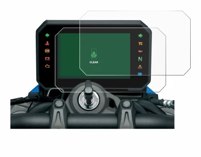 Immagine del dispositivo Suzuki V-Strom 1050DE 2023 con un'ampia varietà di protezioni per lo schermo.