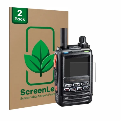 Parte frontale di una confezione del prodotto con il logo del marchio ScreenLeaf. Accanto è raffigurato il dispositivo Yaesu F