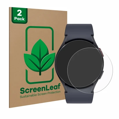 Parte frontale di una confezione del prodotto con il logo del marchio ScreenLeaf. Accanto è raffigurato il dispositivo Samsung