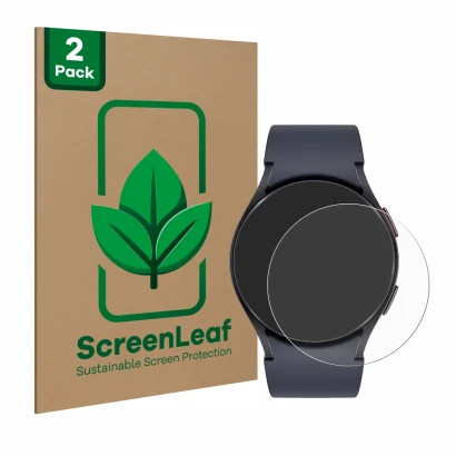 Parte frontale di una confezione del prodotto con il logo del marchio ScreenLeaf. Accanto è raffigurato il dispositivo Samsung