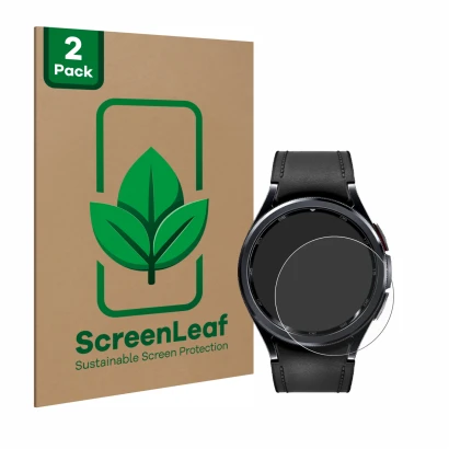 Parte frontale di una confezione del prodotto con il logo del marchio ScreenLeaf. Accanto è raffigurato il dispositivo Samsung