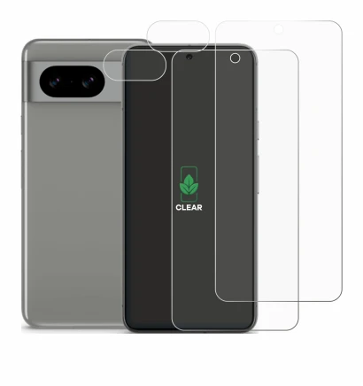 Immagine del dispositivo Google Pixel 8 (Fronte+Fotocamera) con un'ampia varietà di protezioni per lo schermo.