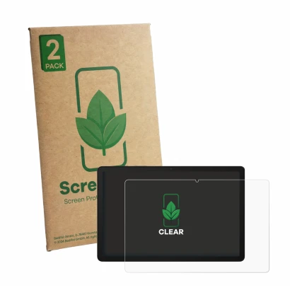 Parte frontale di una confezione del prodotto con il logo del marchio ScreenLeaf. Accanto è raffigurato il dispositivo Samsung