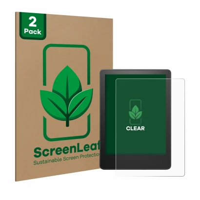 Parte frontale di una confezione del prodotto con il logo del marchio ScreenLeaf. Accanto è raffigurato il dispositivo Amazon 