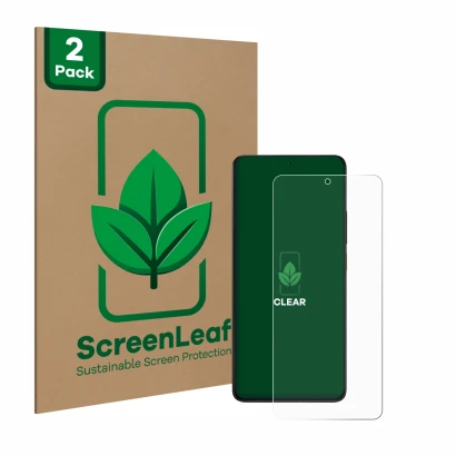 Parte frontale di una confezione del prodotto con il logo del marchio ScreenLeaf. Accanto è raffigurato il dispositivo Xiaomi 