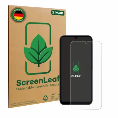 Parte frontale di una confezione del prodotto con il logo del marchio ScreenLeaf. Accanto è raffigurato il dispositivo Samsung
