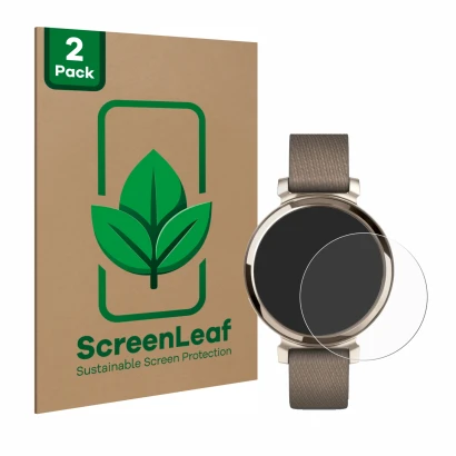 Parte frontale di una confezione del prodotto con il logo del marchio ScreenLeaf. Accanto è raffigurato il dispositivo Garmin 