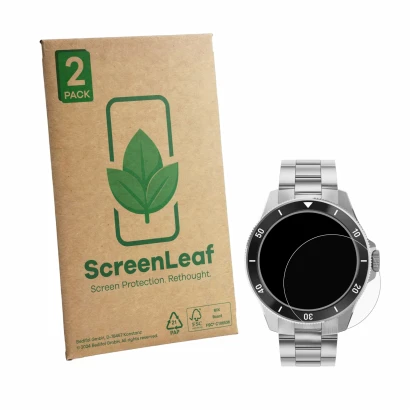 Parte frontale di una confezione del prodotto con il logo del marchio ScreenLeaf. Accanto è raffigurato il dispositivo Withing
