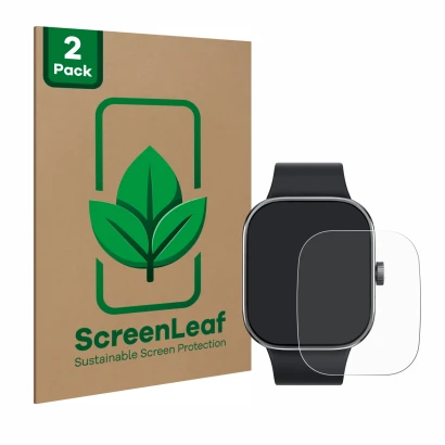 Parte frontale di una confezione del prodotto con il logo del marchio ScreenLeaf. Accanto è raffigurato il dispositivo Xiaomi 