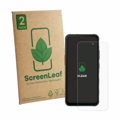 Parte frontale di una confezione del prodotto con il logo del marchio ScreenLeaf. Accanto è raffigurato il dispositivo Samsung