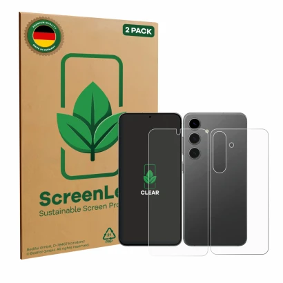 Parte frontale di una confezione del prodotto con il logo del marchio ScreenLeaf. Accanto è raffigurato il dispositivo Samsung