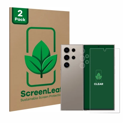 Parte frontale di una confezione del prodotto con il logo del marchio ScreenLeaf. Accanto è raffigurato il dispositivo Samsung