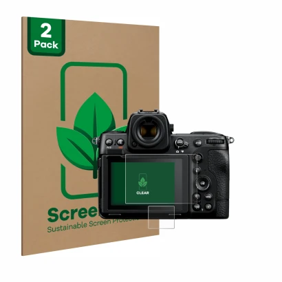 Parte frontale di una confezione del prodotto con il logo del marchio ScreenLeaf. Accanto è raffigurato il dispositivo Nikon Z