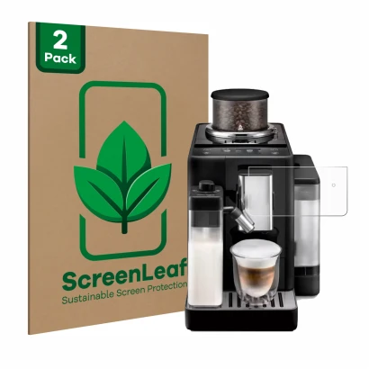 Parte frontale di una confezione del prodotto con il logo del marchio ScreenLeaf. Accanto è raffigurato il dispositivo DeLongh