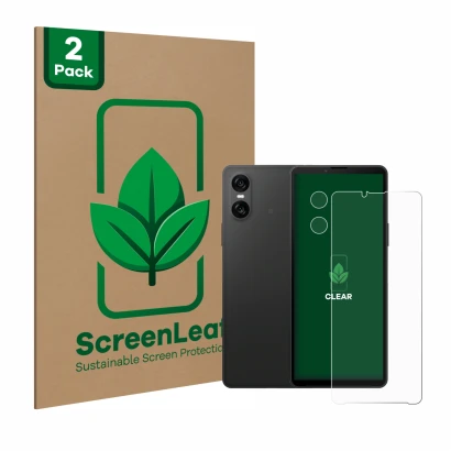 Parte frontale di una confezione del prodotto con il logo del marchio ScreenLeaf. Accanto è raffigurato il dispositivo Sony Xp