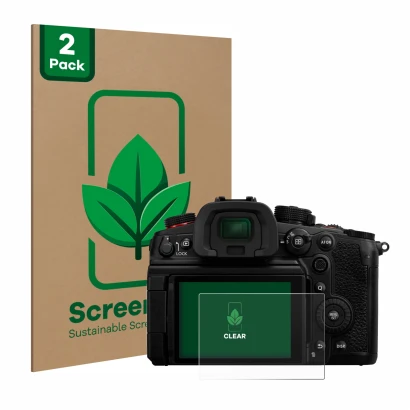Parte frontale di una confezione del prodotto con il logo del marchio ScreenLeaf. Accanto è raffigurato il dispositivo Panason