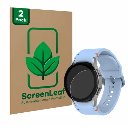 Parte frontale di una confezione del prodotto con il logo del marchio ScreenLeaf. Accanto è raffigurato il dispositivo Samsung