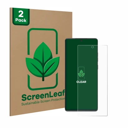 Parte frontale di una confezione del prodotto con il logo del marchio ScreenLeaf. Accanto è raffigurato il dispositivo Motorol