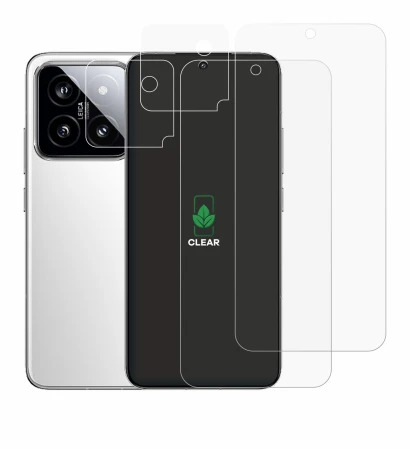Immagine del dispositivo Xiaomi 14 (Fronte+Fotocamera) con un'ampia varietà di protezioni per lo schermo.