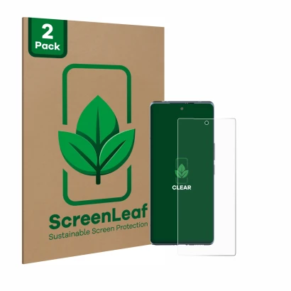 Parte frontale di una confezione del prodotto con il logo del marchio ScreenLeaf. Accanto è raffigurato il dispositivo HTC U24
