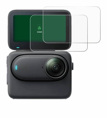 Immagine del dispositivo Insta360 Go 3S con un'ampia varietà di protezioni per lo schermo.