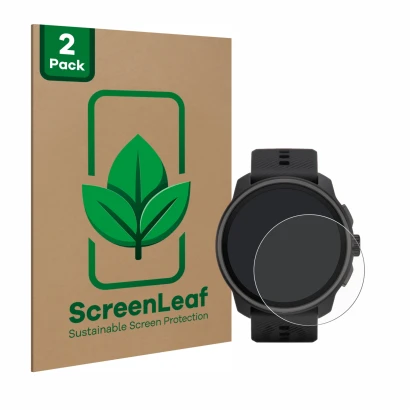 Parte frontale di una confezione del prodotto con il logo del marchio ScreenLeaf. Accanto è raffigurato il dispositivo Suunto 