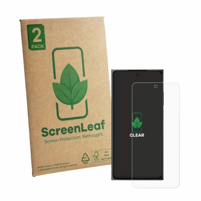 Parte frontale di una confezione del prodotto con il logo del marchio ScreenLeaf. Accanto è raffigurato il dispositivo HMD Sky