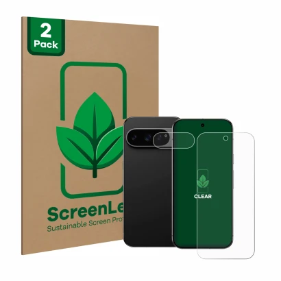 Parte frontale di una confezione del prodotto con il logo del marchio ScreenLeaf. Accanto è raffigurato il dispositivo Google 