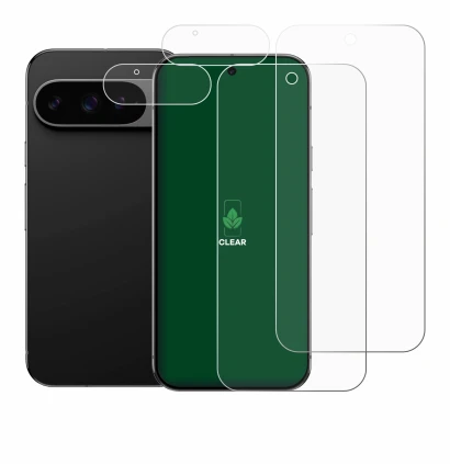 Immagine del dispositivo Google Pixel 9 Pro (Fronte+Fotocamera) con un'ampia varietà di protezioni per lo schermo.